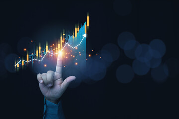 A hand of man pointing chart stock growth graph planning analysis strategy stock market. Economic...