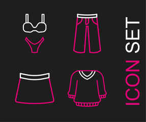 Set line Sweater, Skirt, Pants and Swimsuit icon. Vector