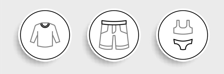 Set line Swimsuit, Sweater and Short or pants icon. Vector