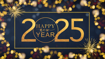 HAPPY NEW YEAR 2025 - Festive silvester sylvester New Year's Eve Party background greeting card illustration with text - Golden fireworks in the dark blue night - obrazy, fototapety, plakaty