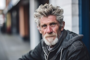 Portrait of an elderly man with grey hair and beard in the city
