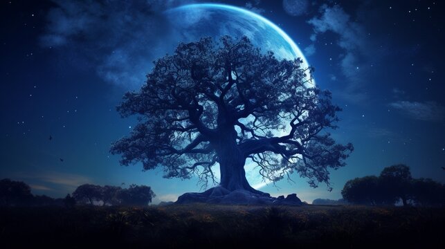 Silhouette of a big mighty oak against blue moon"Elements of this image furnished by NASA