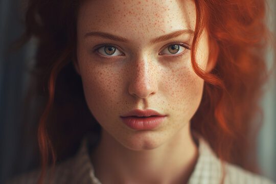 The close up face portrait of a young and beautiful woman with red ginger hair and natural freckles showing her smiling while looking at the camera. Generative AI.