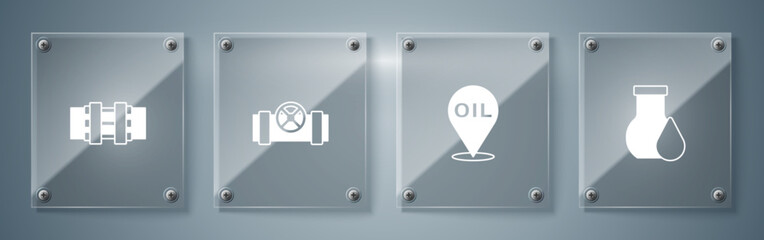 Set Oil petrol test tube, Refill fuel location, Metallic pipes and valve and . Square glass panels. Vector