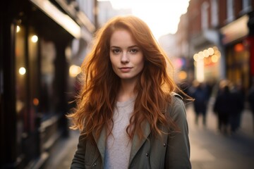 Portrait of a beautiful young redhead woman in a city street.