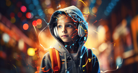 Little boy with headphones on background with neon lights.