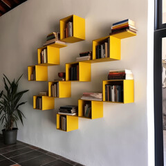 A modular ironbark book display leans on a wall 
