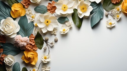 Lovely Spring Flowers And Leaves On White Background, Background Image, Background For Banner, HD