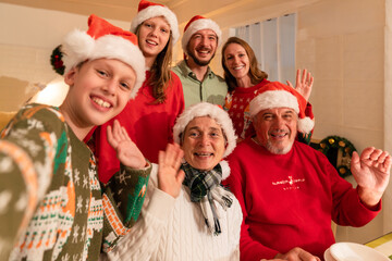big family selfie video call via mobile phone while celebrating christmas party in house, caucasian people family celebrate festive holiday thanksgiving, X-mas eve together at home