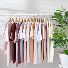 Rack with stylish pastel colors clothes near light wall. Clothing retails concept. Advertise, sale, fashion.