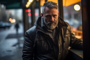 Portrait of a bearded man in a leather jacket on a city street.