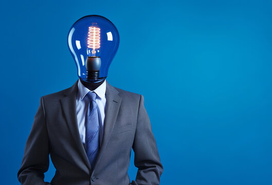 Businessman with a light bulb instead of a head. Creativity ideas and knowledge base. Blue color. Clean background. Generative AI