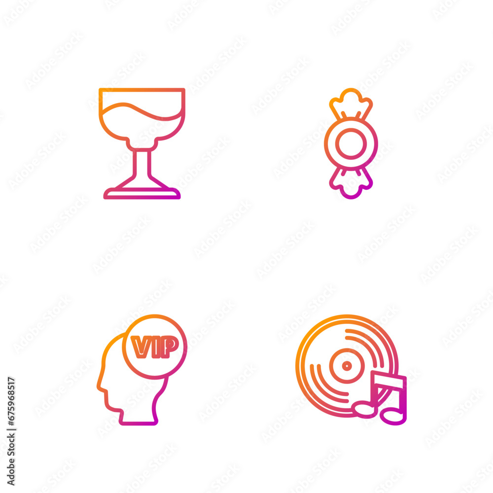 Poster Set line Vinyl disk, Vip inside head, Cocktail and Candy. Gradient color icons. Vector