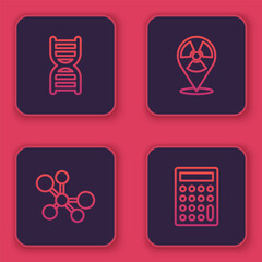 Set line DNA symbol, Molecule, Radioactive in location and Calculator. Blue square button. Vector