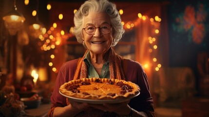 An elderly grandmother clutching a pumpkin pie. Generative Ai. - obrazy, fototapety, plakaty
