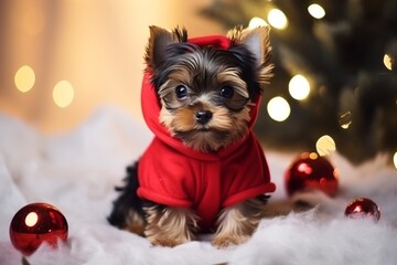 cute yorkie puppy in santa claus costume