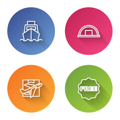 Set line Cargo ship with boxes delivery, Warehouse, Plane and cardboard and rice tag Free. Color circle button. Vector