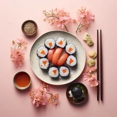 Fotobehang flat lay delicious sushi concept © Natalia Klenova