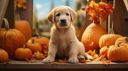 Labrador retriever puppy on the porch with pumpkins during the fall harvest season. Generative Ai.