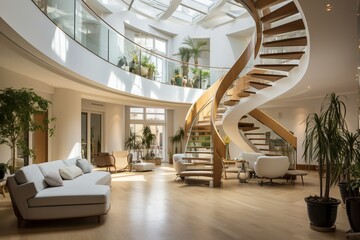 design a room with a stair case that wrap arround a cent