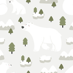 Seamless pattern with Arctic and Antarctic animals, decor elements. Cartoon Character - polar bear. Colorful vector flat for kids. hand drawing. baby design for fabric, print, wrapper, textile