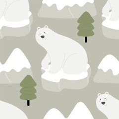 Seamless pattern with Arctic and Antarctic animals, decor elements. Cartoon Character - polar bear. Colorful vector flat for kids. hand drawing. baby design for fabric, print, wrapper, textile