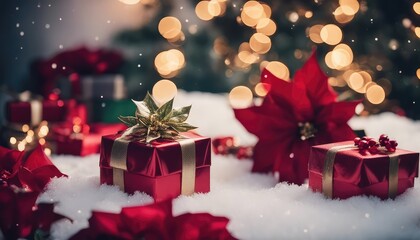 Fototapeta na wymiar Christmas gift box, snow, poinsettia and presents
