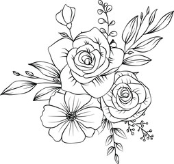 vintage flower vector image. Sketch composition, roses, and leaves, black and white hand drawn flowers