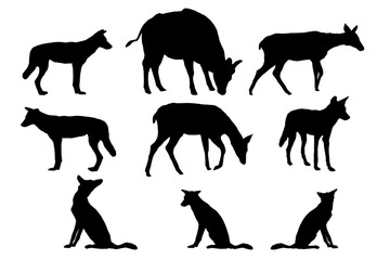 silhouettes of animals. Animals shilhoute collection. fox, and cow, Deer, black color. Isolated on White background. vector silhouettes collection