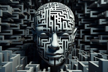 Computer human-canvas integration art 3D maze head design gothic futurism.
