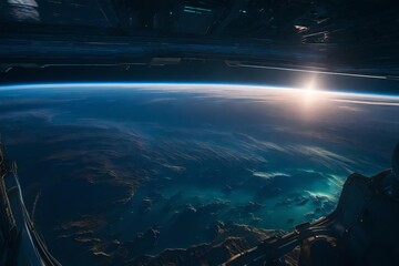 An alien planet seen from the vantage point of a space station, with swirling clouds, vast oceans, and rugged terrain visible below.
