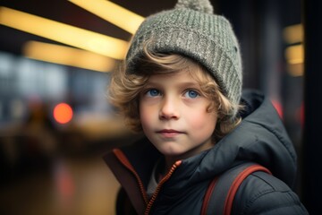 Portrait of a cute little boy with blond curly hair and blue eyes, wearing a warm hat and jacket.