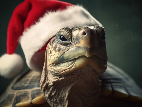 Cute Old Turtle In Santa Claus'S Christmas Hat On Dark Background, Close-Up Photo, generative ai