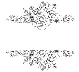 vintage flower vector image. Sketch composition, roses, and leaves, black and white hand drawn flowers