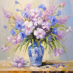 Oil painting. Bouquet of wild flowers in a transparent vase