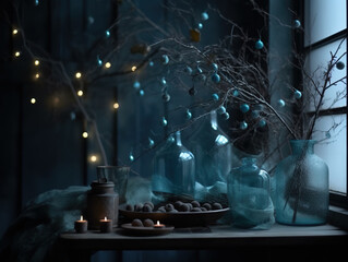 Unusual, Stylishly Decorated Christmas Room With Ornaments And Garland Exudes Festive New Year Atmosphere, generative ai