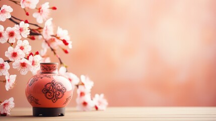 Chinese New Year, Decorative Chinese lantern and sakura blossoms background with copy space - obrazy, fototapety, plakaty