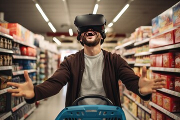 Man wearing virtual reality glasses shopping at supermarket, new modern technology of integrated reality Online shopping and ecommerce concept.
