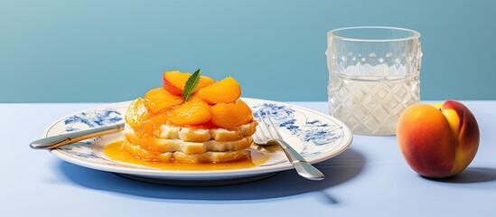 The beautiful white plate on the blue tablecloth with a white background showcased a stunning dessert adorned with fresh peaches and a dollop of yellow marmalade making for a sweet and enti - obrazy, fototapety, plakaty