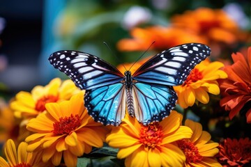 butterfly and bright summer flowers on a background of blue foliage