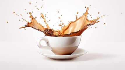 coffee poured from a flying moka into a cup isolated on white