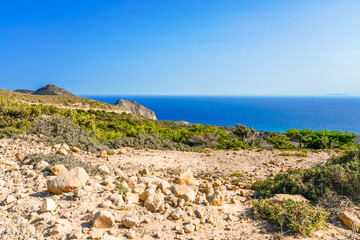 View of the landscape and the Mediterranean Sea from a mountain on the Greek island of Kos.	