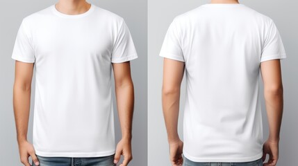 Front and back views of a young man in a stylish t-shirt isolated on a white background, Clipping Path, Mockup for design - obrazy, fototapety, plakaty