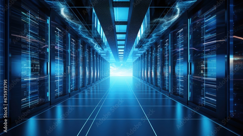 Poster Shot of Corridor in Working Data Center Full of Rack Servers and Supercomputers with Internet connection Visualization Projection.