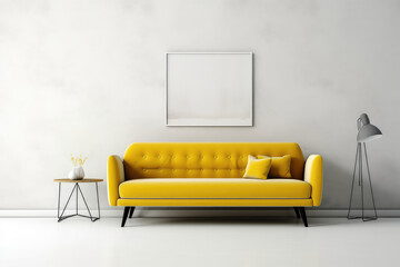 Yellow sofa minimal in living room interior with plant,white wall. 3d render illustration. Generative AI.