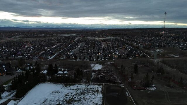 Aerial view of suburban Calgary on a cold winter day. 