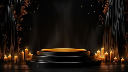 3D podium display on dark background. Black candles with glowing flame light. Gold pedestal stand . Product promotion showcase. Autumn abstract banner. Empty studio mockup. Halloween 3D render
