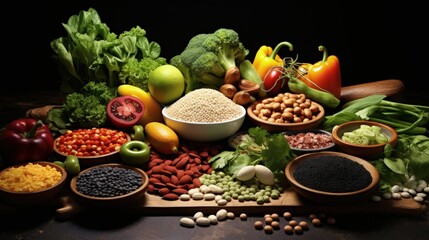 Healthy balanced dieting concept. Selection of rich fiber sources vegan food. Vegetables fruit seeds beans ingredients for cooking