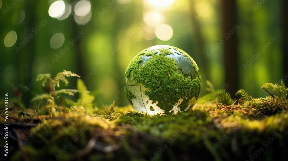 Sticker Earth Day - Environment - Green Globe In Forest With Moss And Defocused Abstract Sunlight