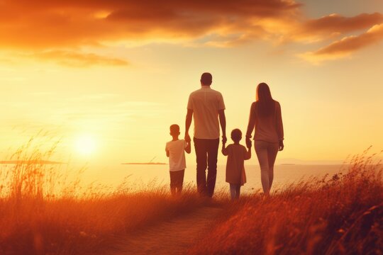 Happy family: mother, father, children son and daughter on sunset